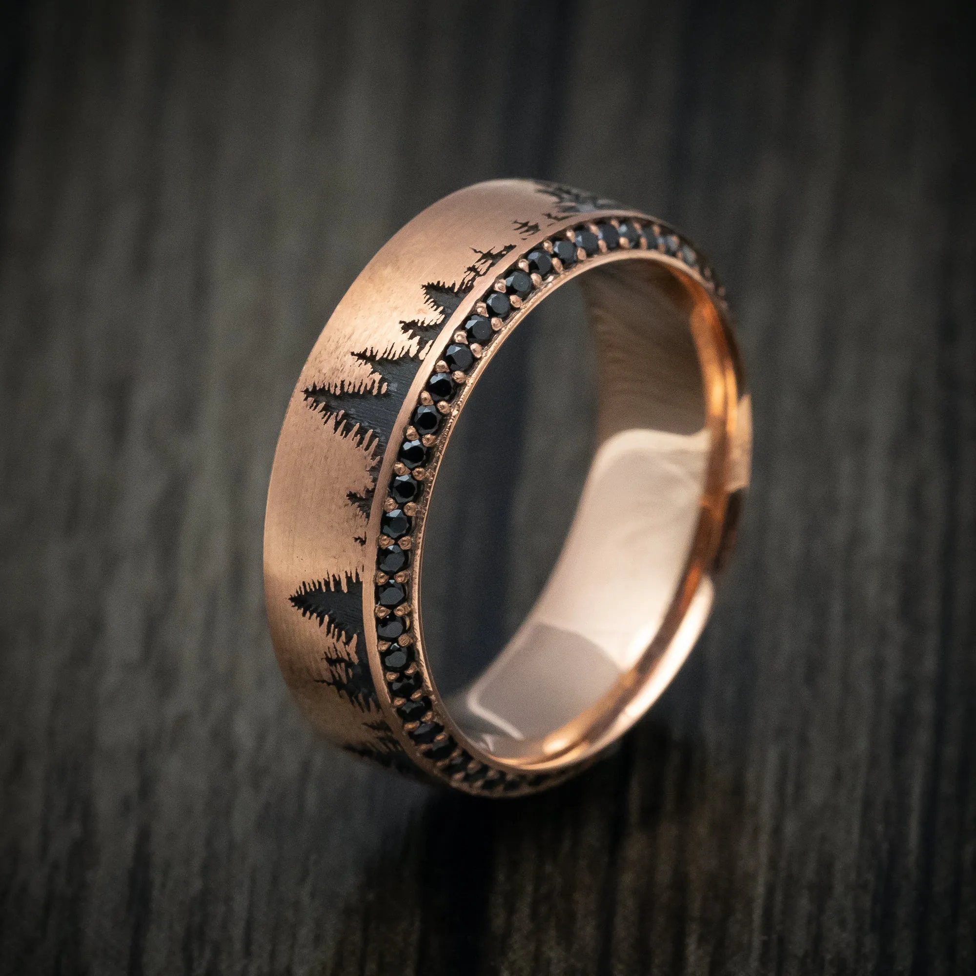 14K Rose Gold Spruce Pine Tree and Eternity Black Diamond Men's Ring