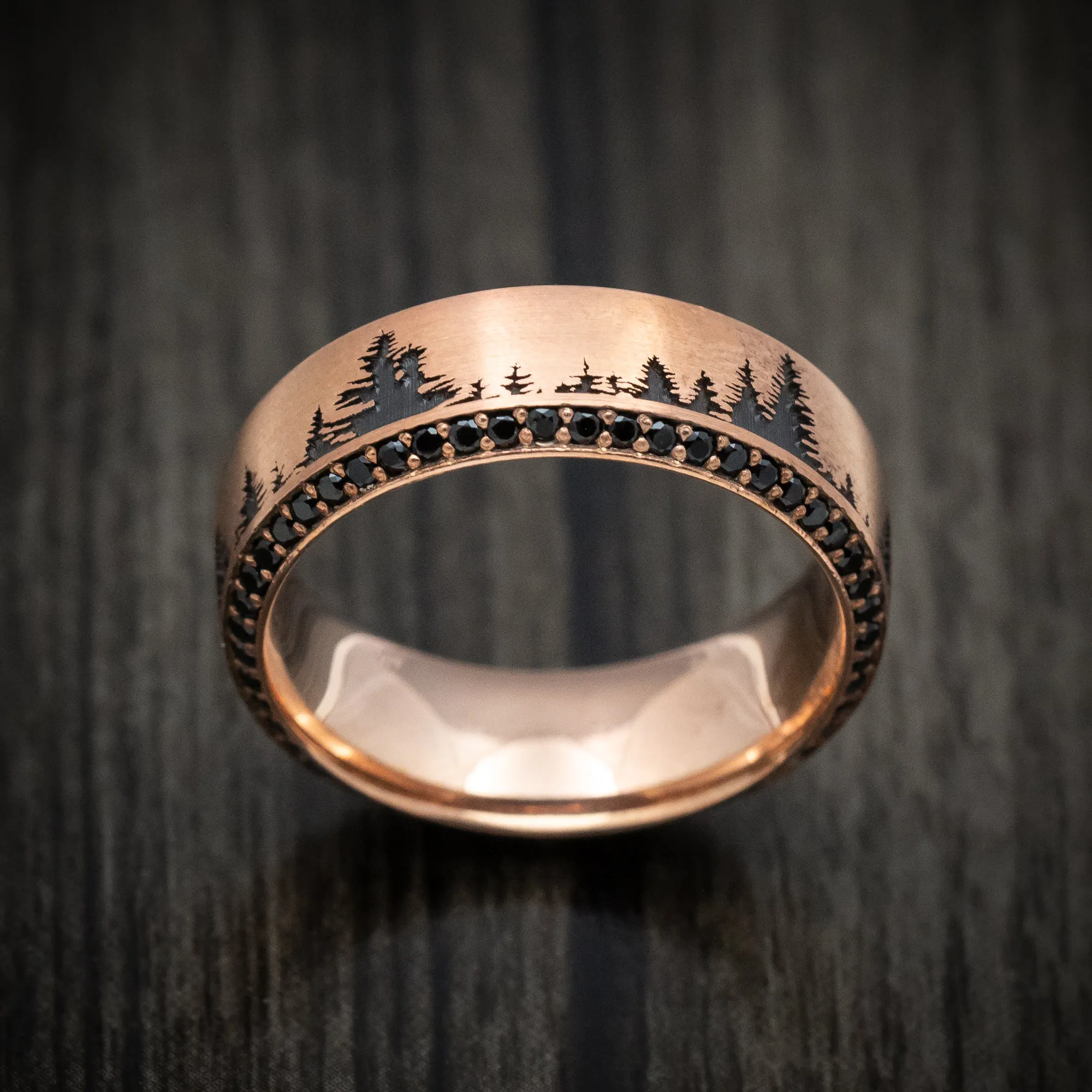 14K Rose Gold Spruce Pine Tree and Eternity Black Diamond Men's Ring