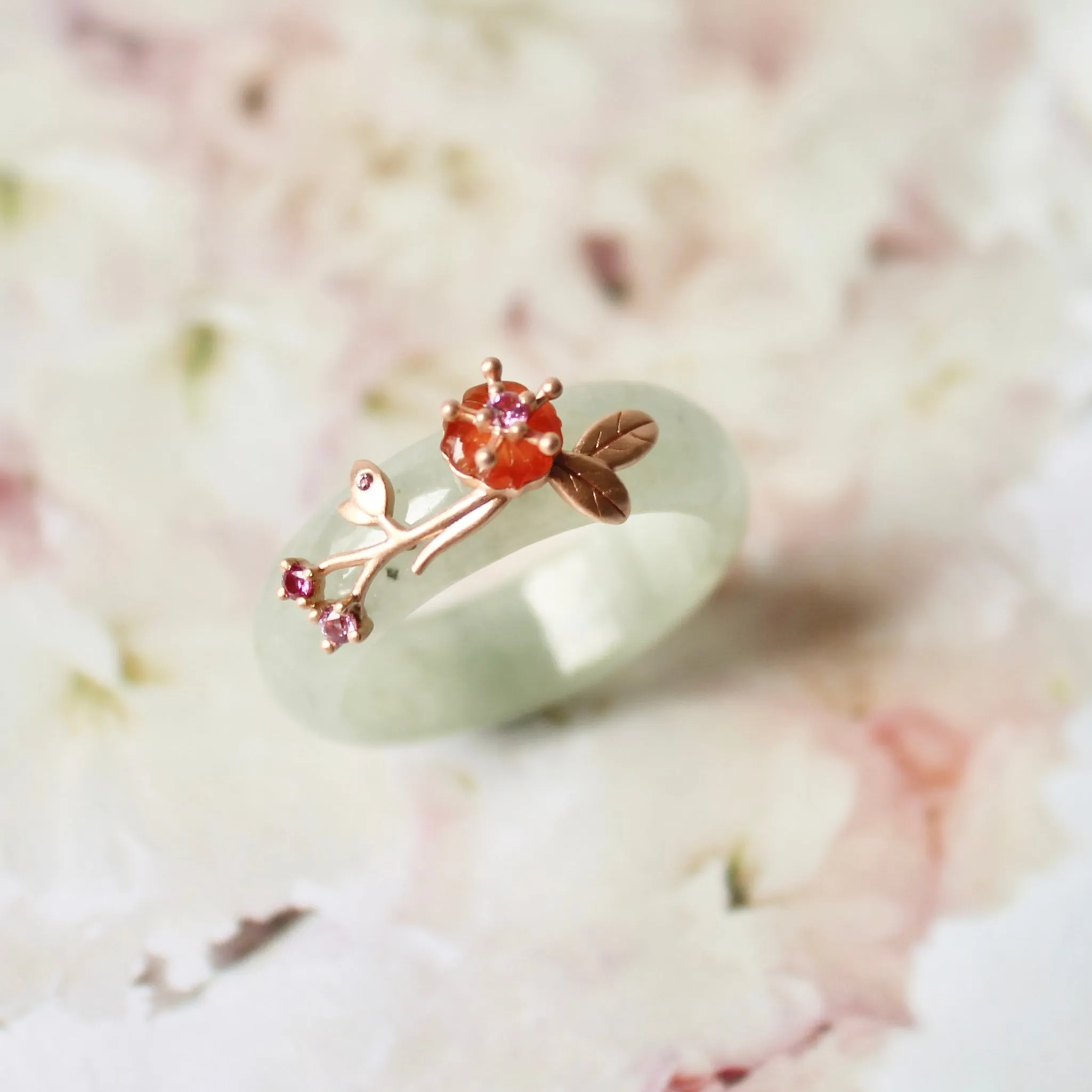18mm A-Grade Natural Green Jadeite Joseon Ring (Red Sakura Flower) No.162334