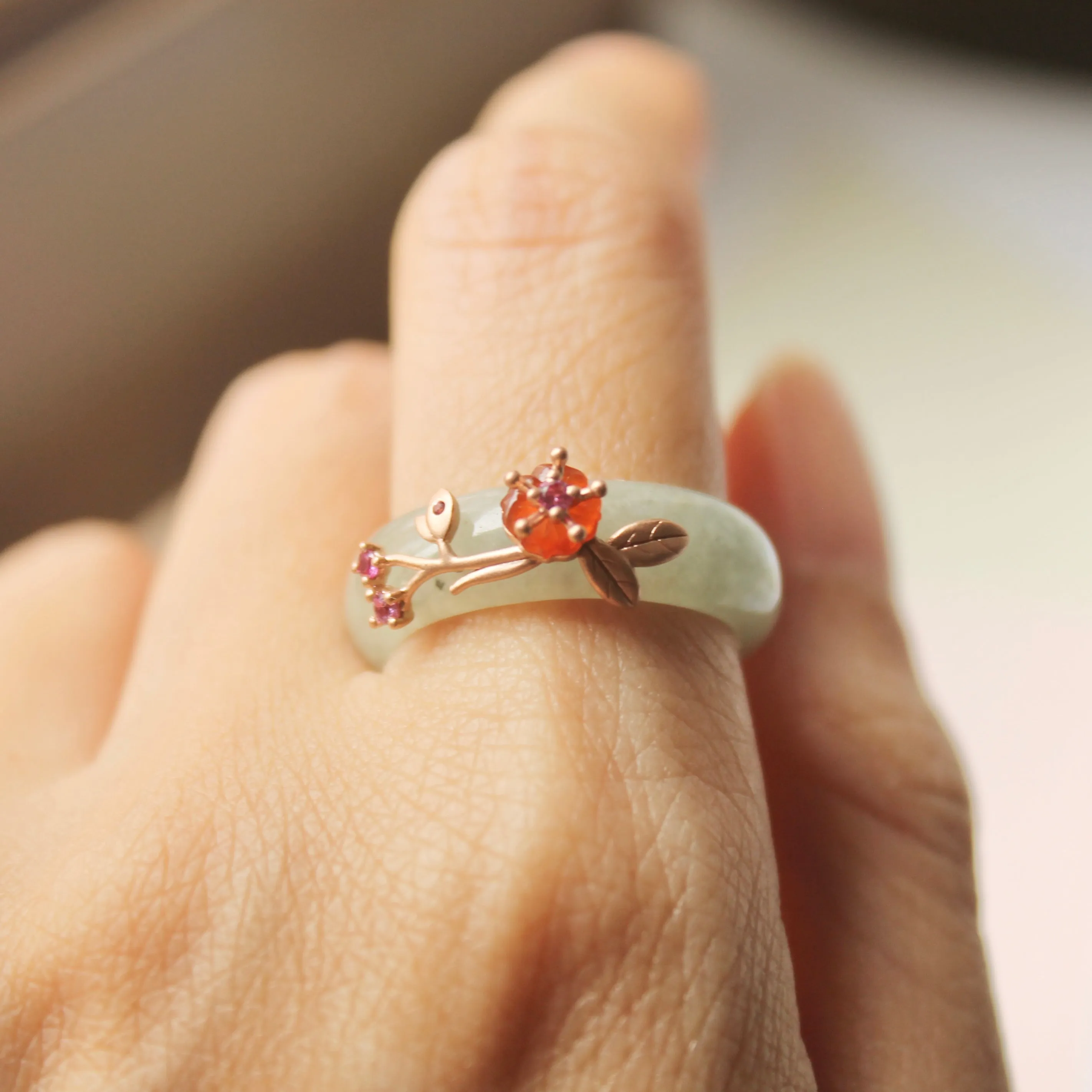 18mm A-Grade Natural Green Jadeite Joseon Ring (Red Sakura Flower) No.162334