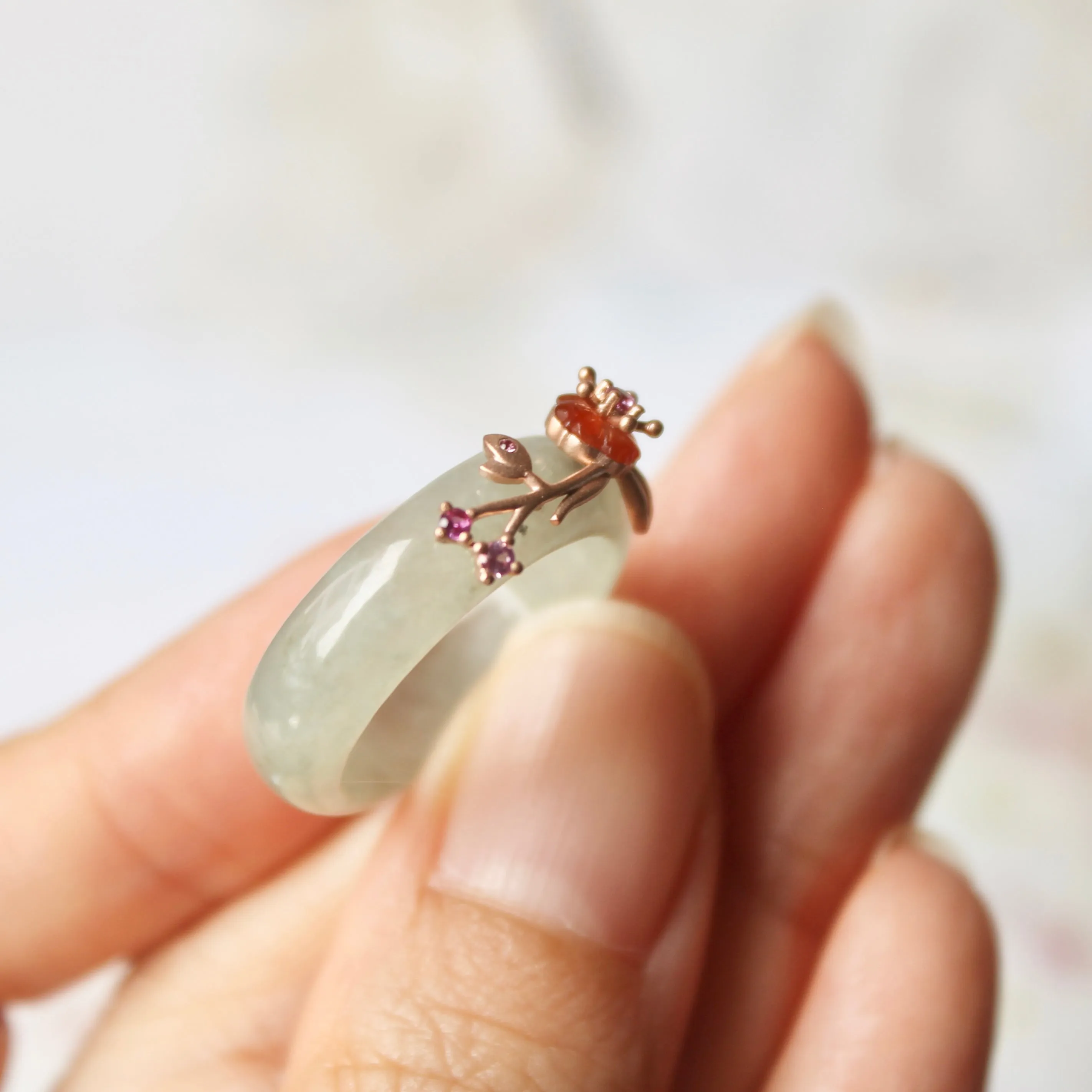 18mm A-Grade Natural Green Jadeite Joseon Ring (Red Sakura Flower) No.162334