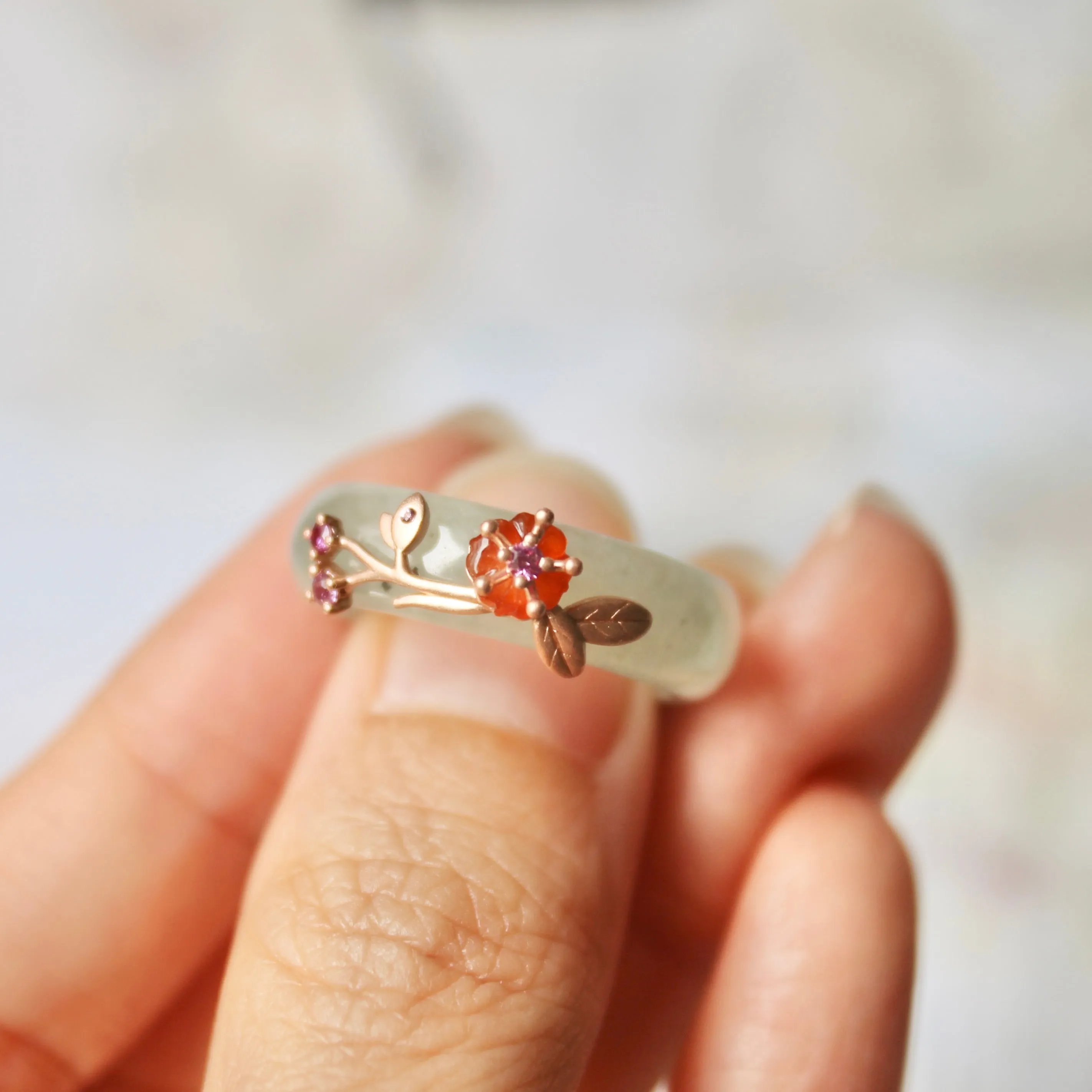 18mm A-Grade Natural Green Jadeite Joseon Ring (Red Sakura Flower) No.162334