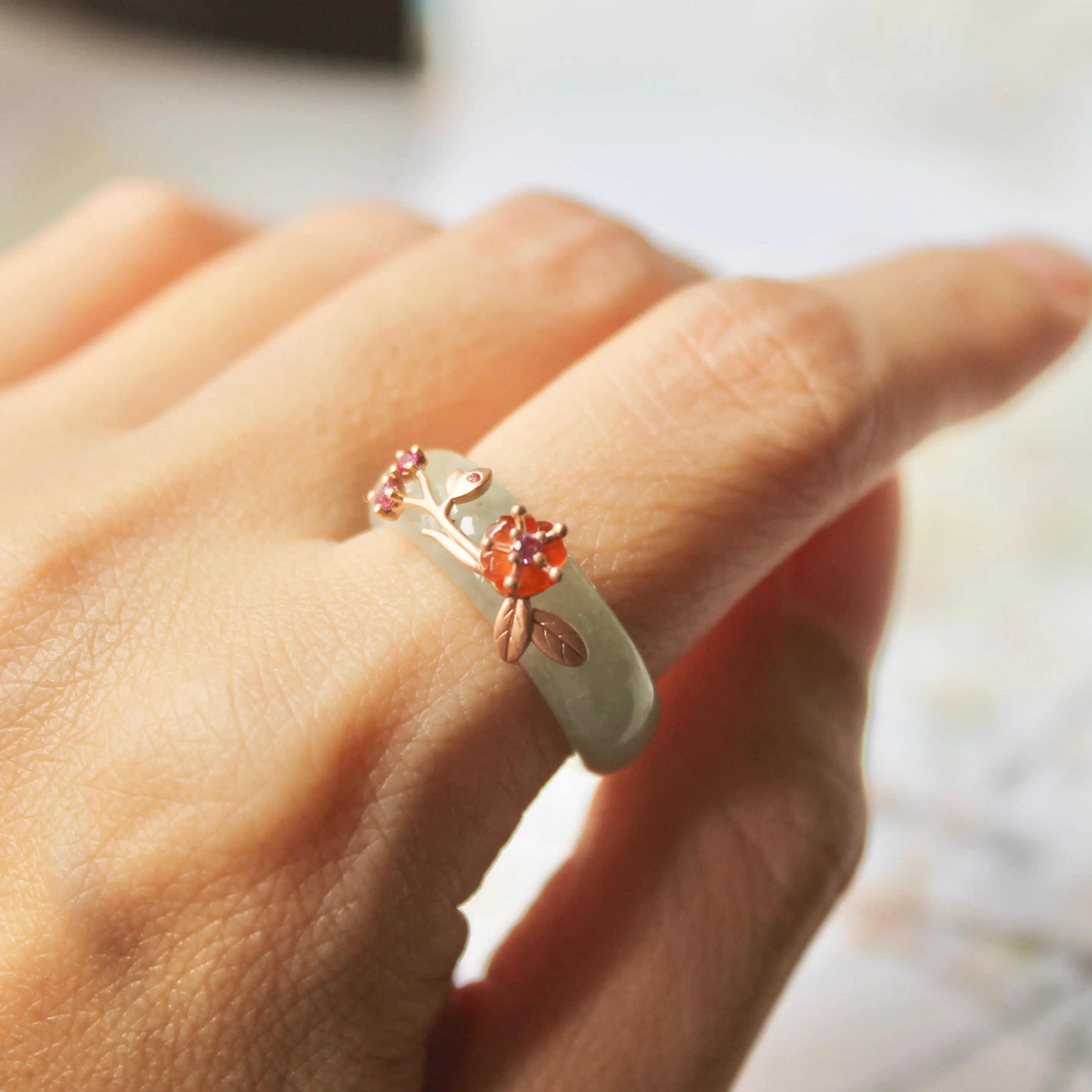 18mm A-Grade Natural Green Jadeite Joseon Ring (Red Sakura Flower) No.162334