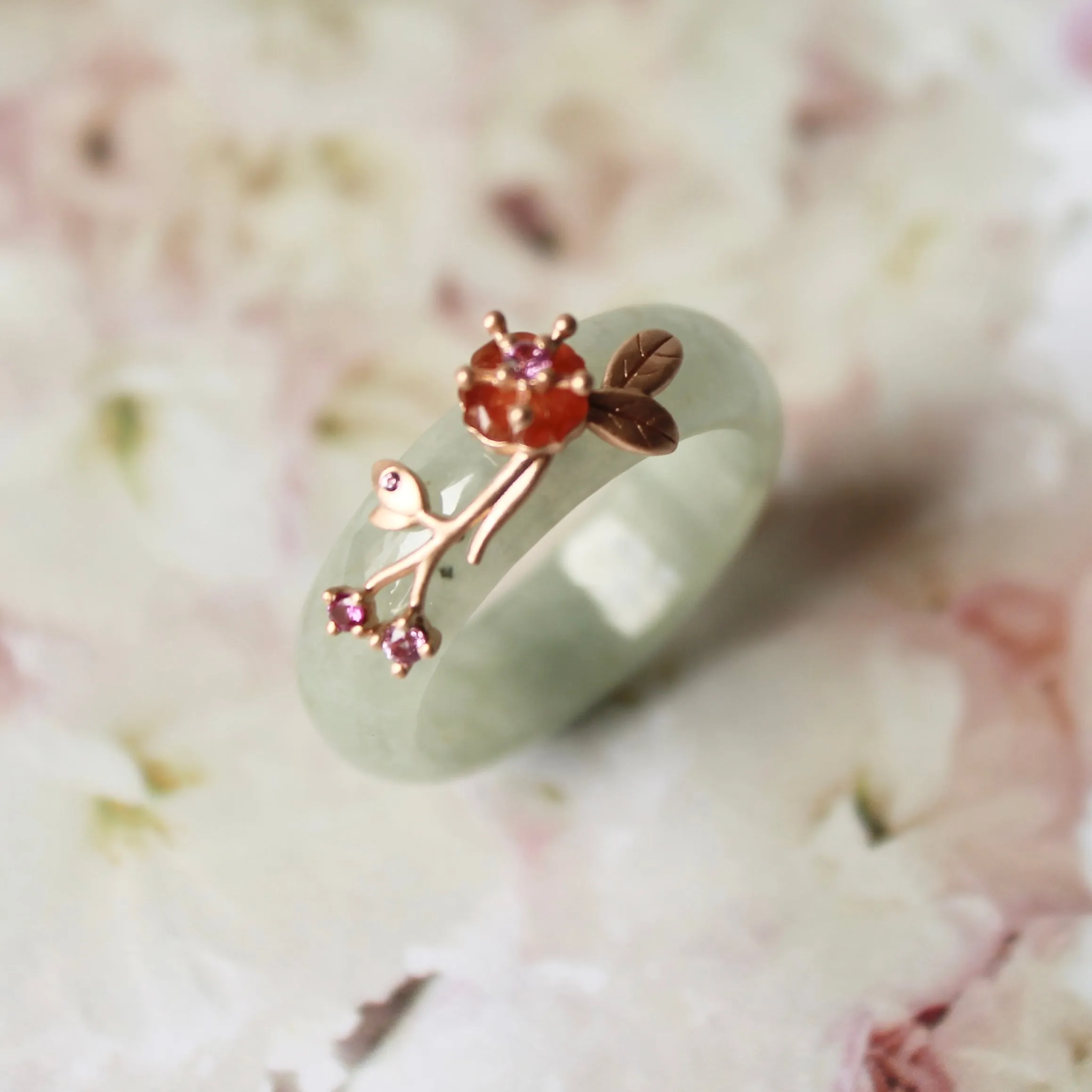 18mm A-Grade Natural Green Jadeite Joseon Ring (Red Sakura Flower) No.162334