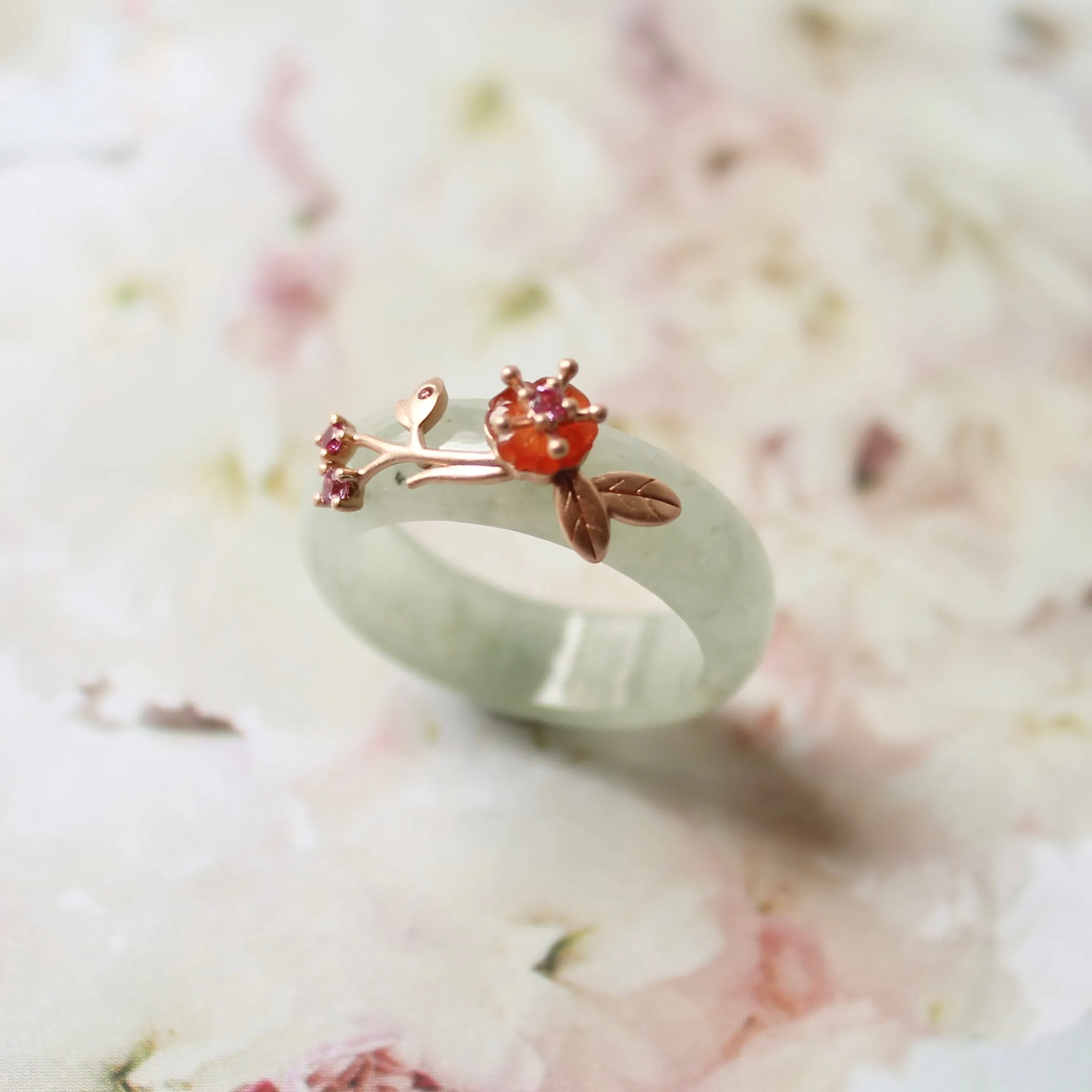 18mm A-Grade Natural Green Jadeite Joseon Ring (Red Sakura Flower) No.162334