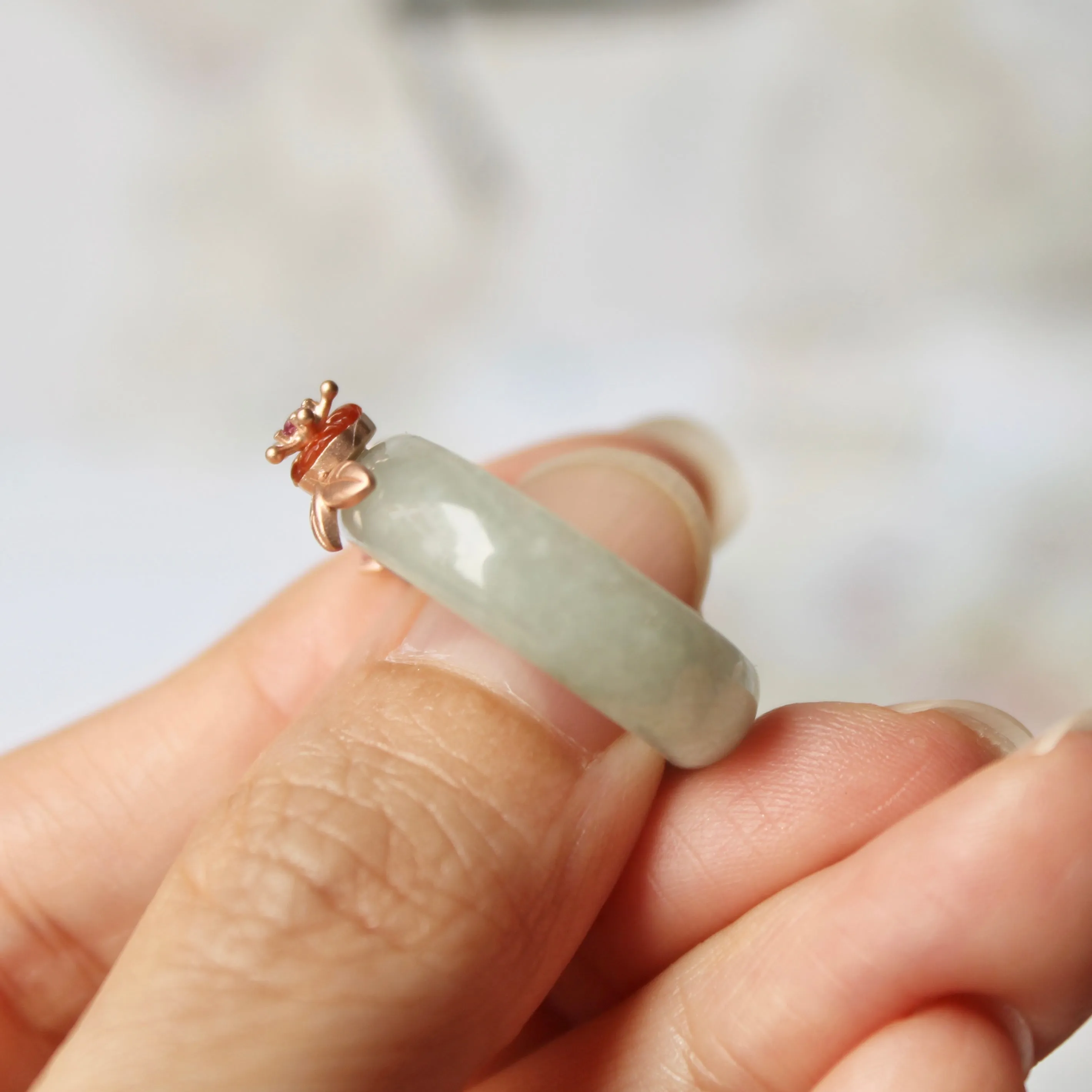 18mm A-Grade Natural Green Jadeite Joseon Ring (Red Sakura Flower) No.162334