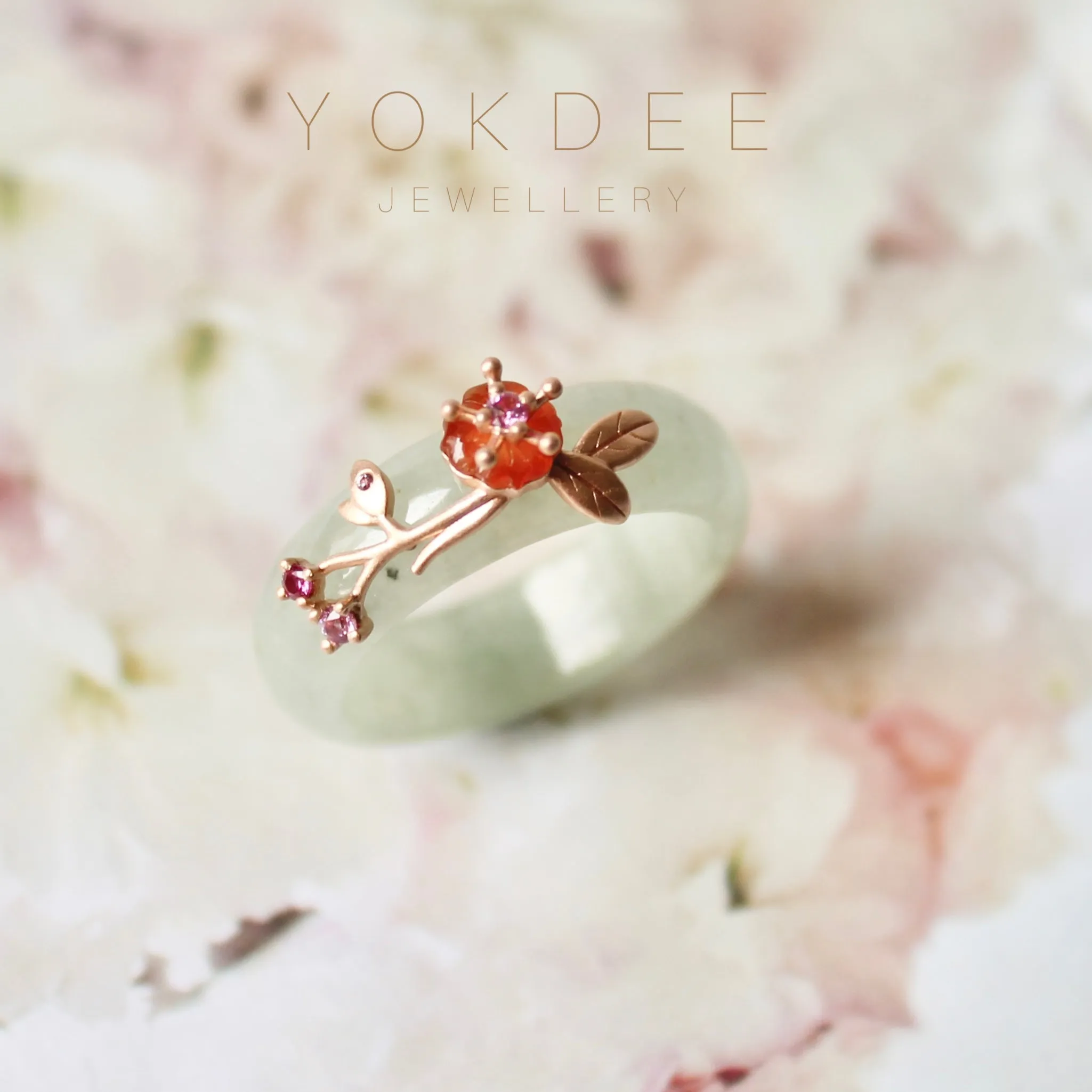 18mm A-Grade Natural Green Jadeite Joseon Ring (Red Sakura Flower) No.162334