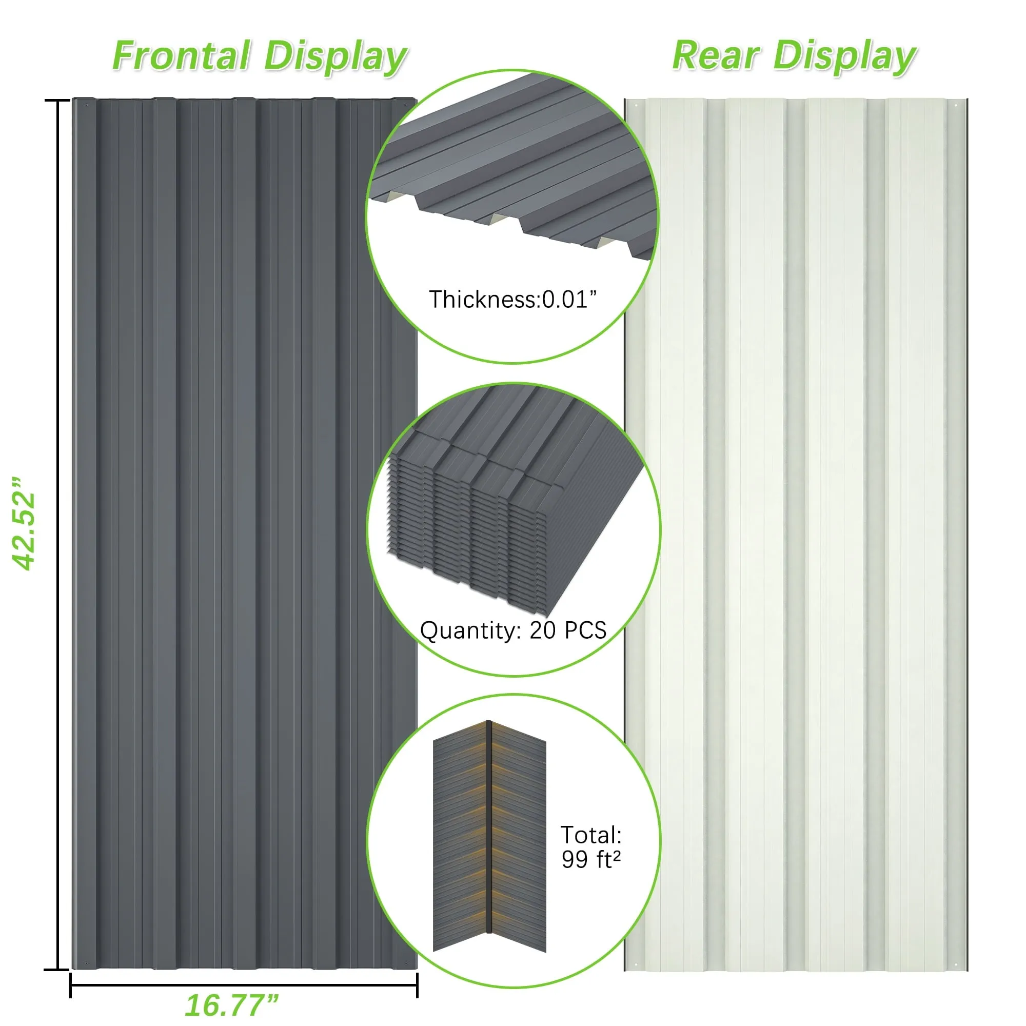 20 Pcs Galvanized Metal Roof Panels Hardware Roofing Sheets, Gray