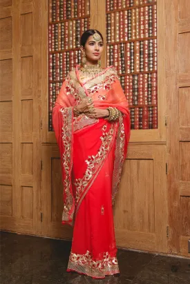 Aari Cut Work & Resham Carrot Red Pure Chiffon Sari