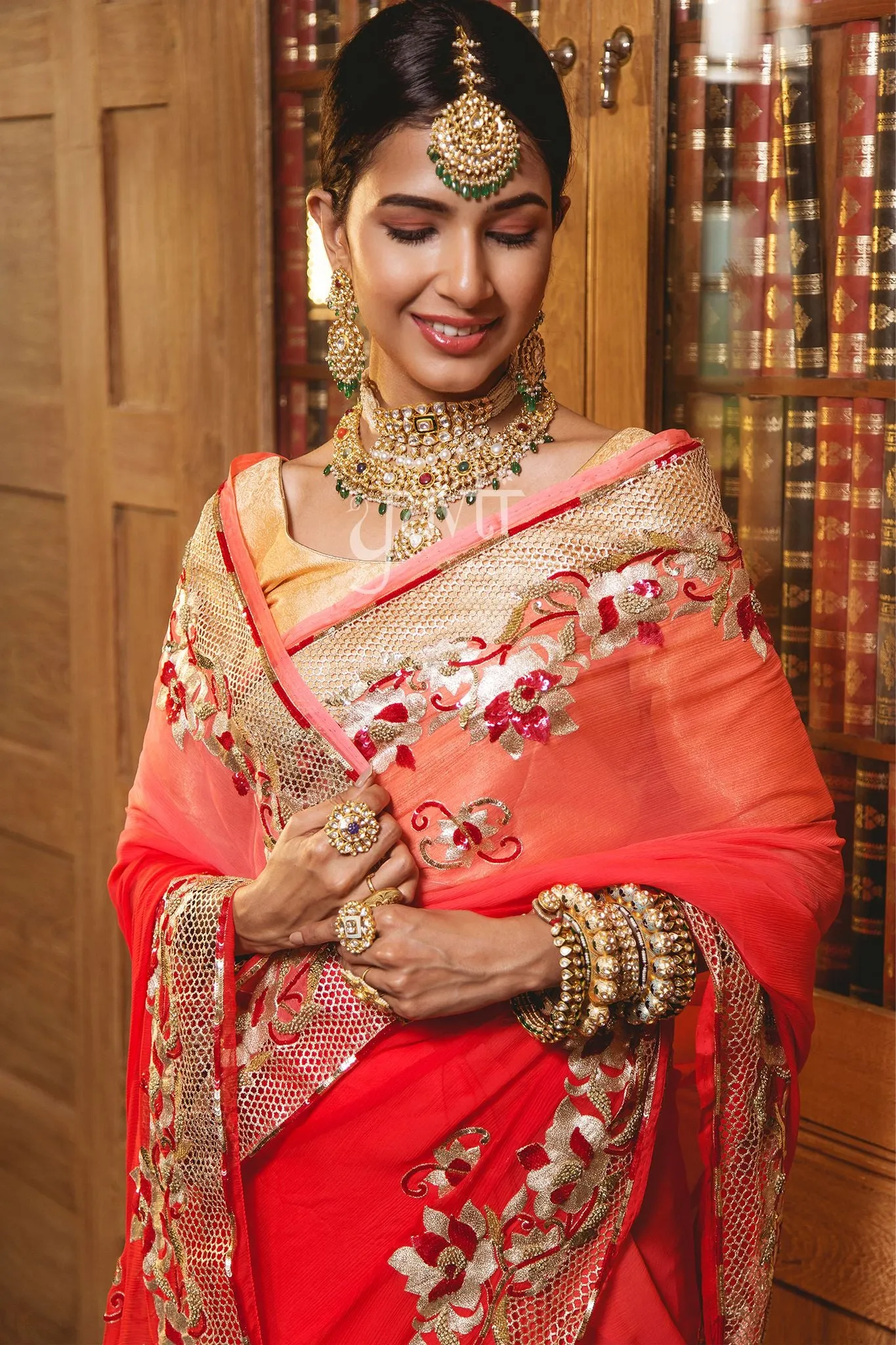 Aari Cut Work & Resham Carrot Red Pure Chiffon Sari