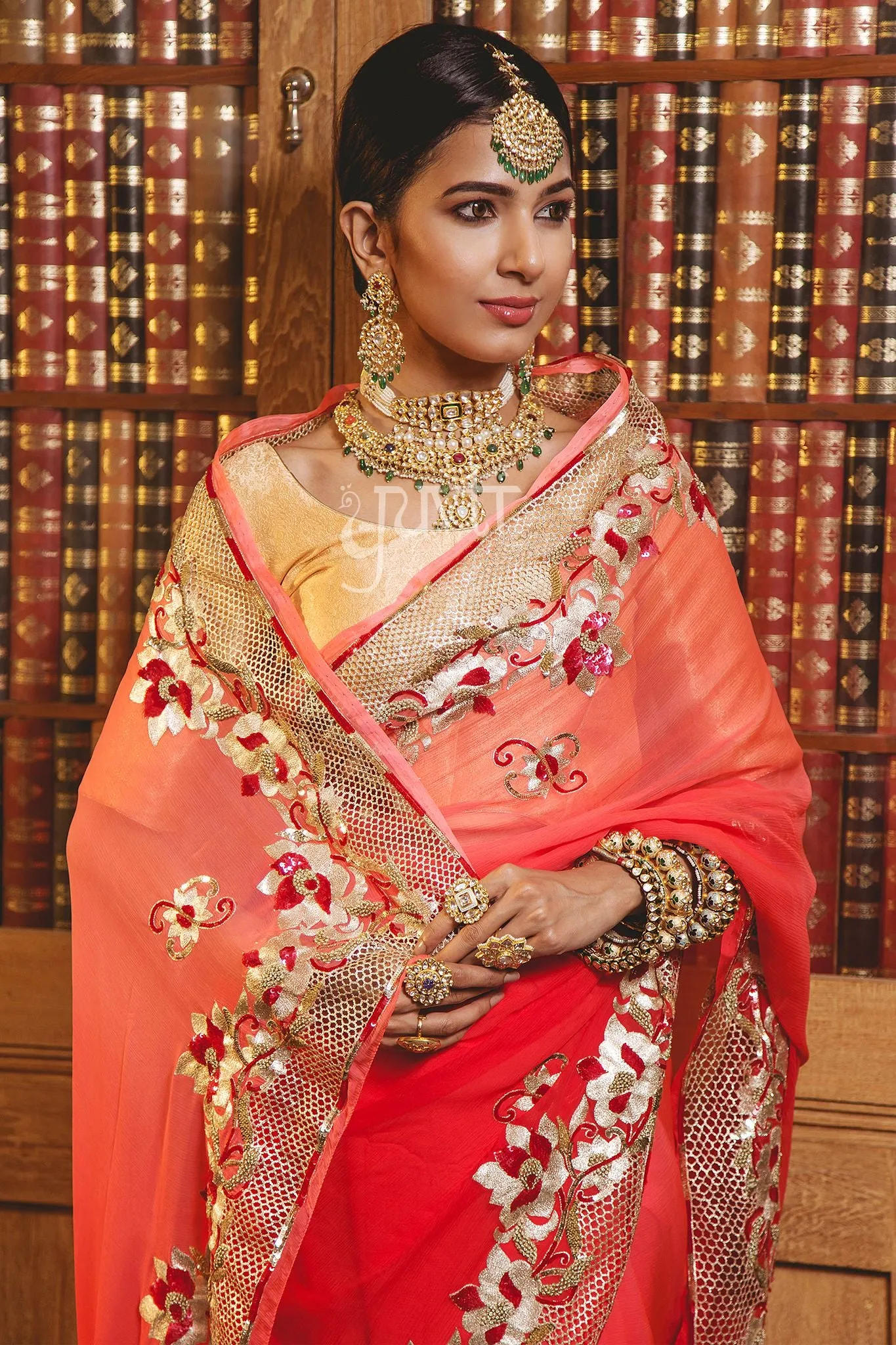 Aari Cut Work & Resham Carrot Red Pure Chiffon Sari