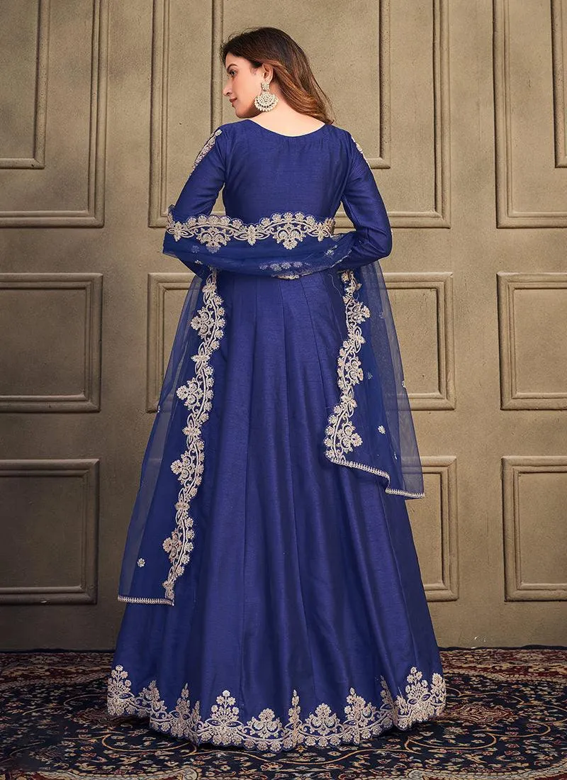 Art Silk Fabric Blue Indian Long Gown