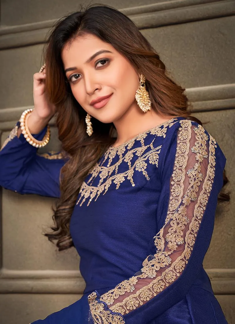 Art Silk Fabric Blue Indian Long Gown