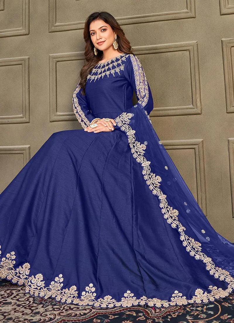 Art Silk Fabric Blue Indian Long Gown