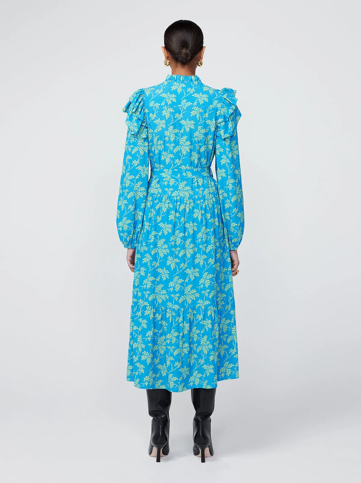 Aster Blue Vintage Leaf Print Shirt Dress