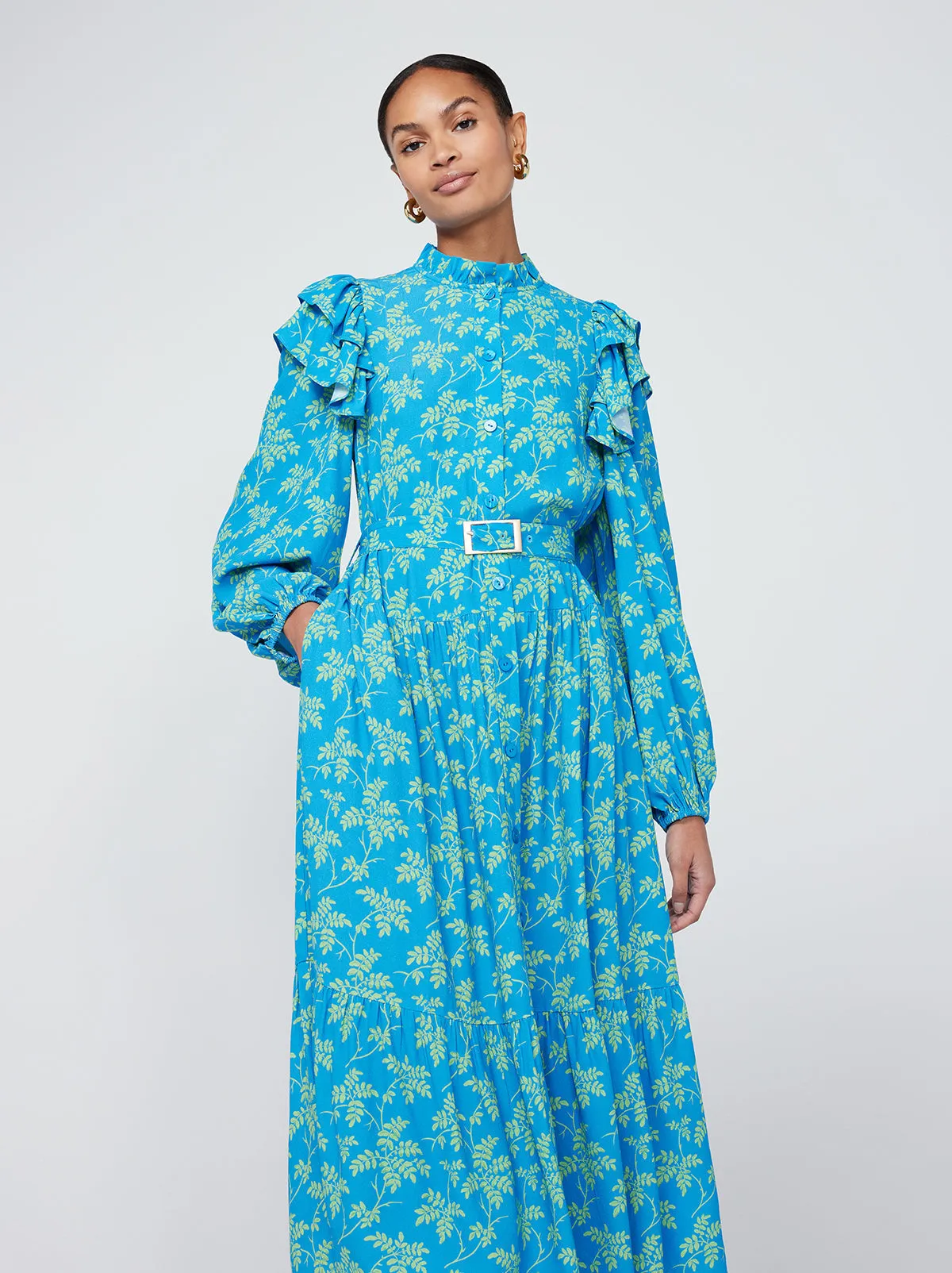 Aster Blue Vintage Leaf Print Shirt Dress