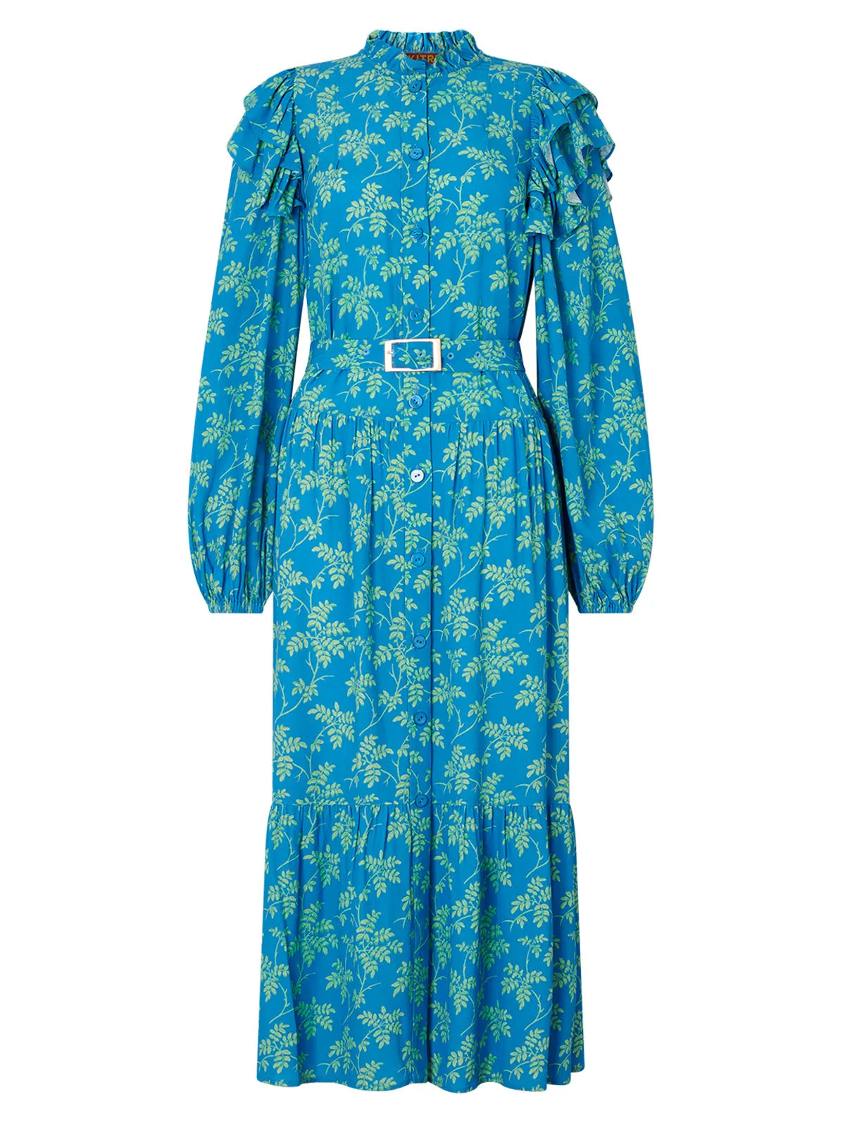 Aster Blue Vintage Leaf Print Shirt Dress