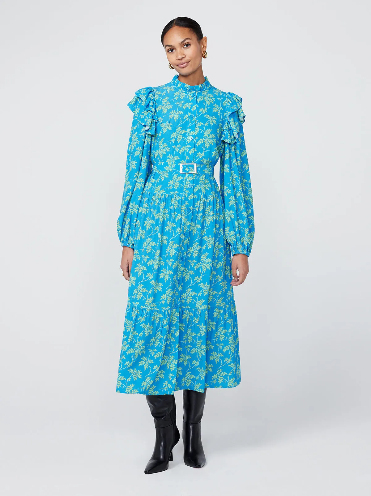 Aster Blue Vintage Leaf Print Shirt Dress
