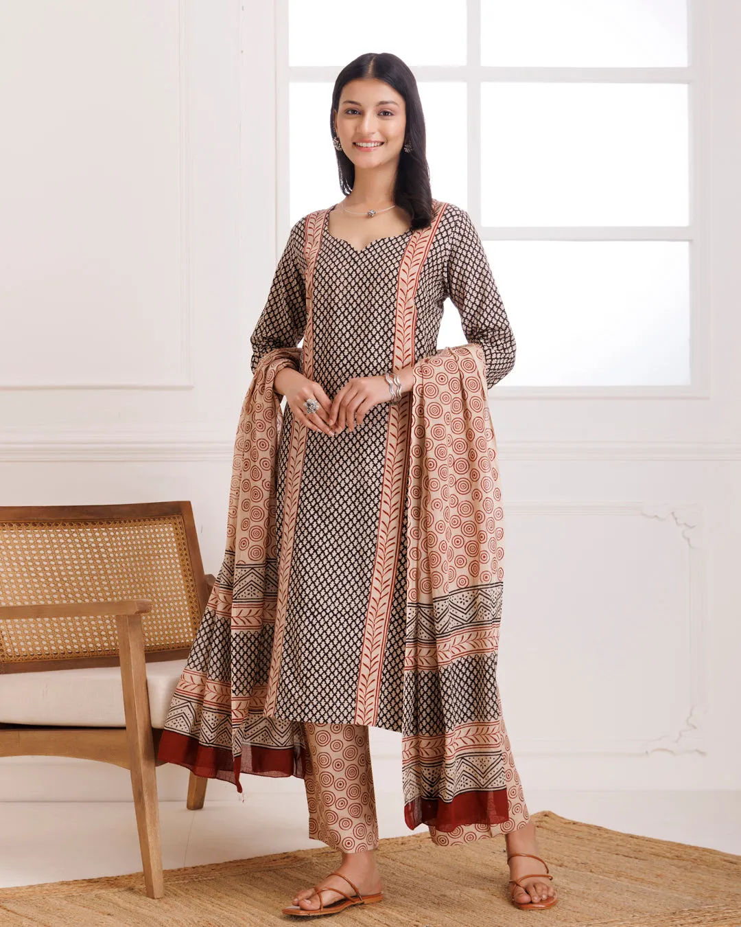 Black Bagru Butti Hand Block Printed Cotton Suit Set