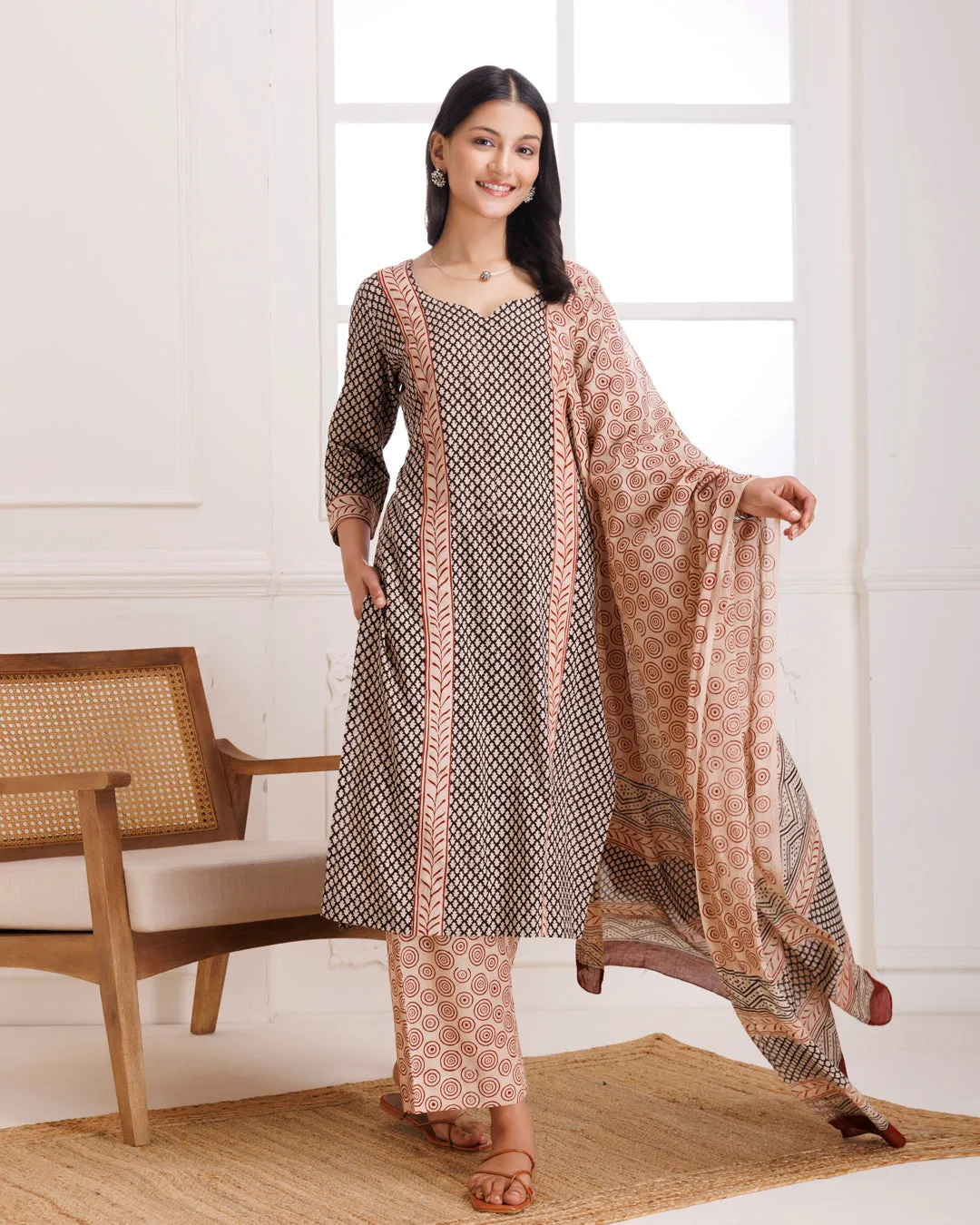 Black Bagru Butti Hand Block Printed Cotton Suit Set