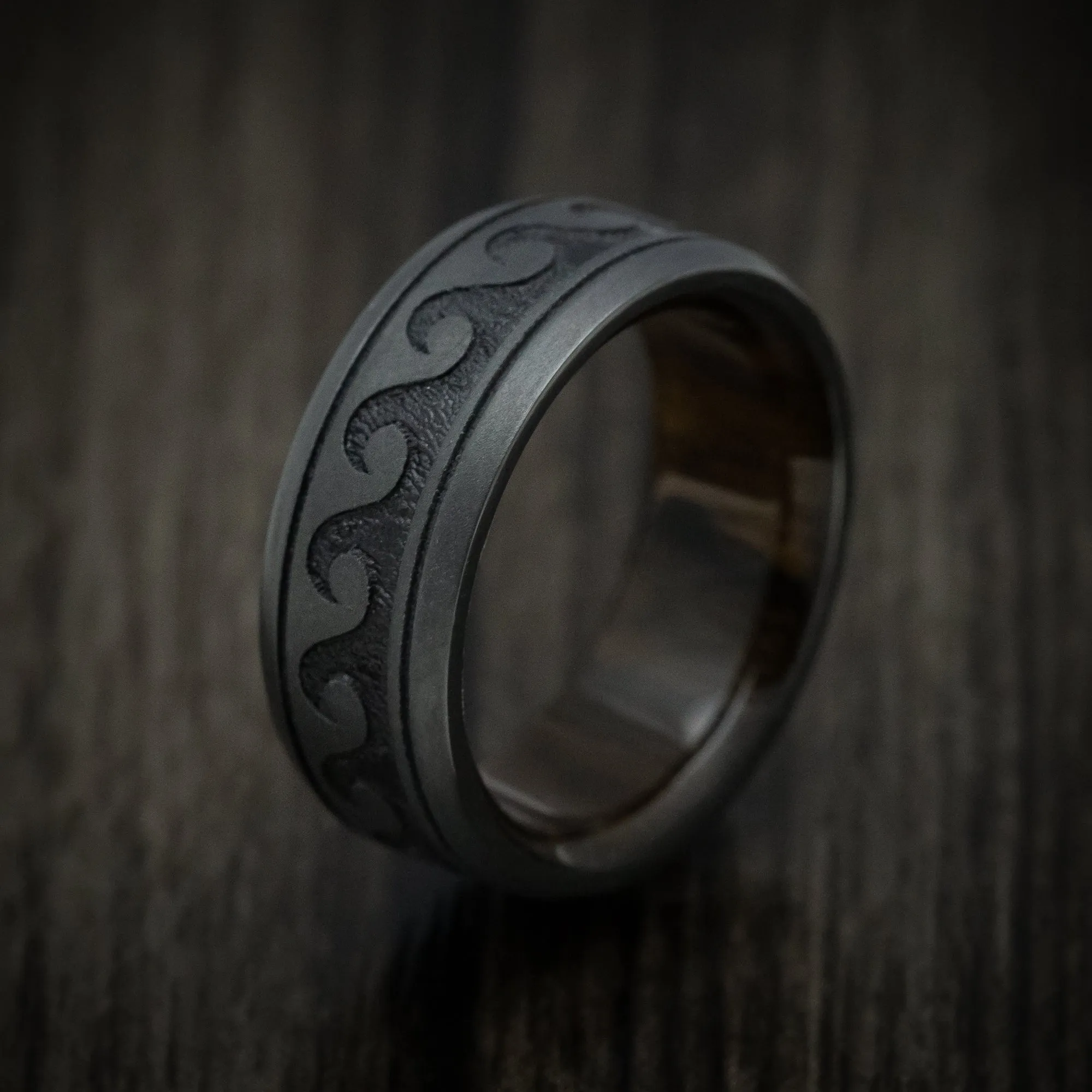Black Titanium Wave Men's Ring with Wood Sleeve Custom Made Band