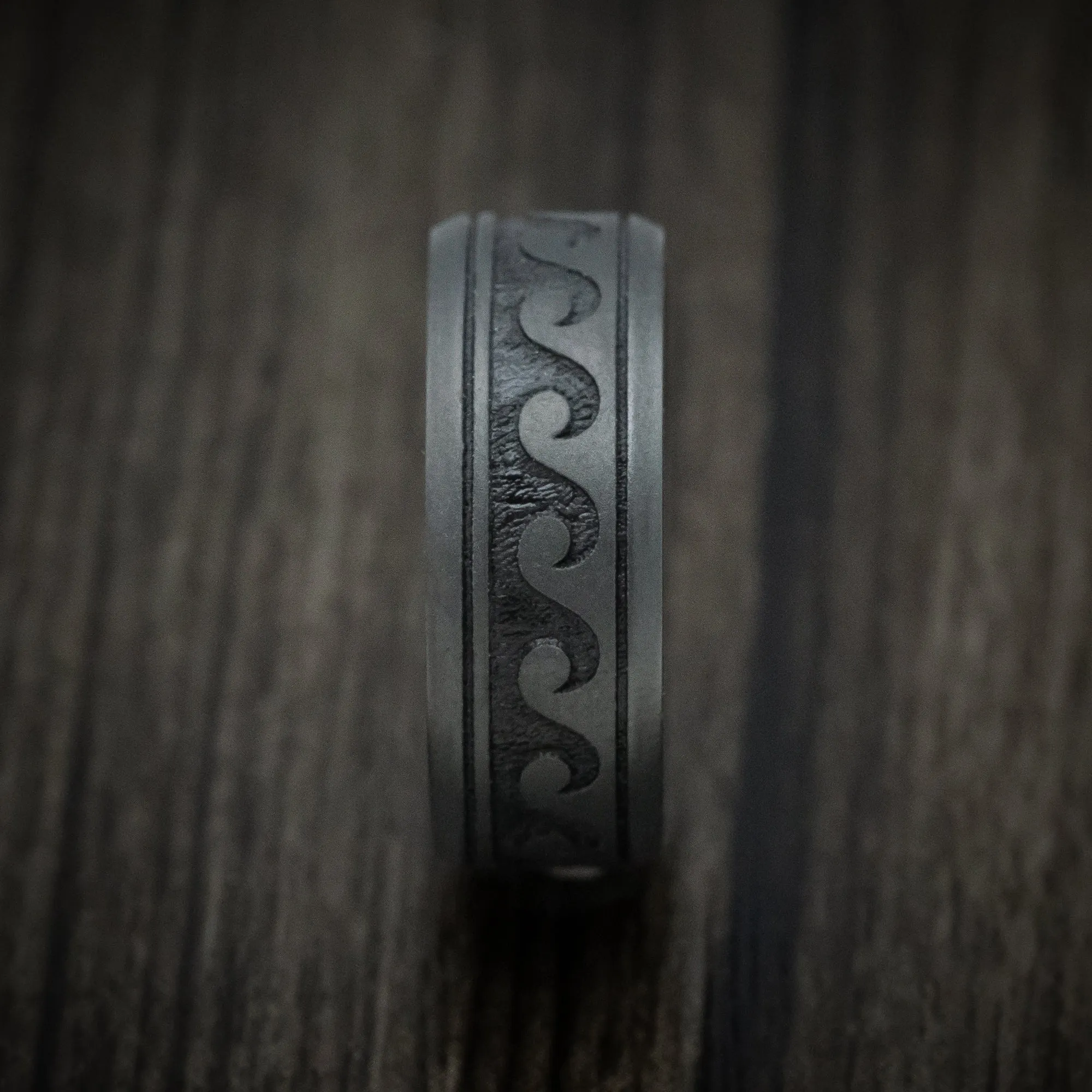 Black Titanium Wave Men's Ring with Wood Sleeve Custom Made Band