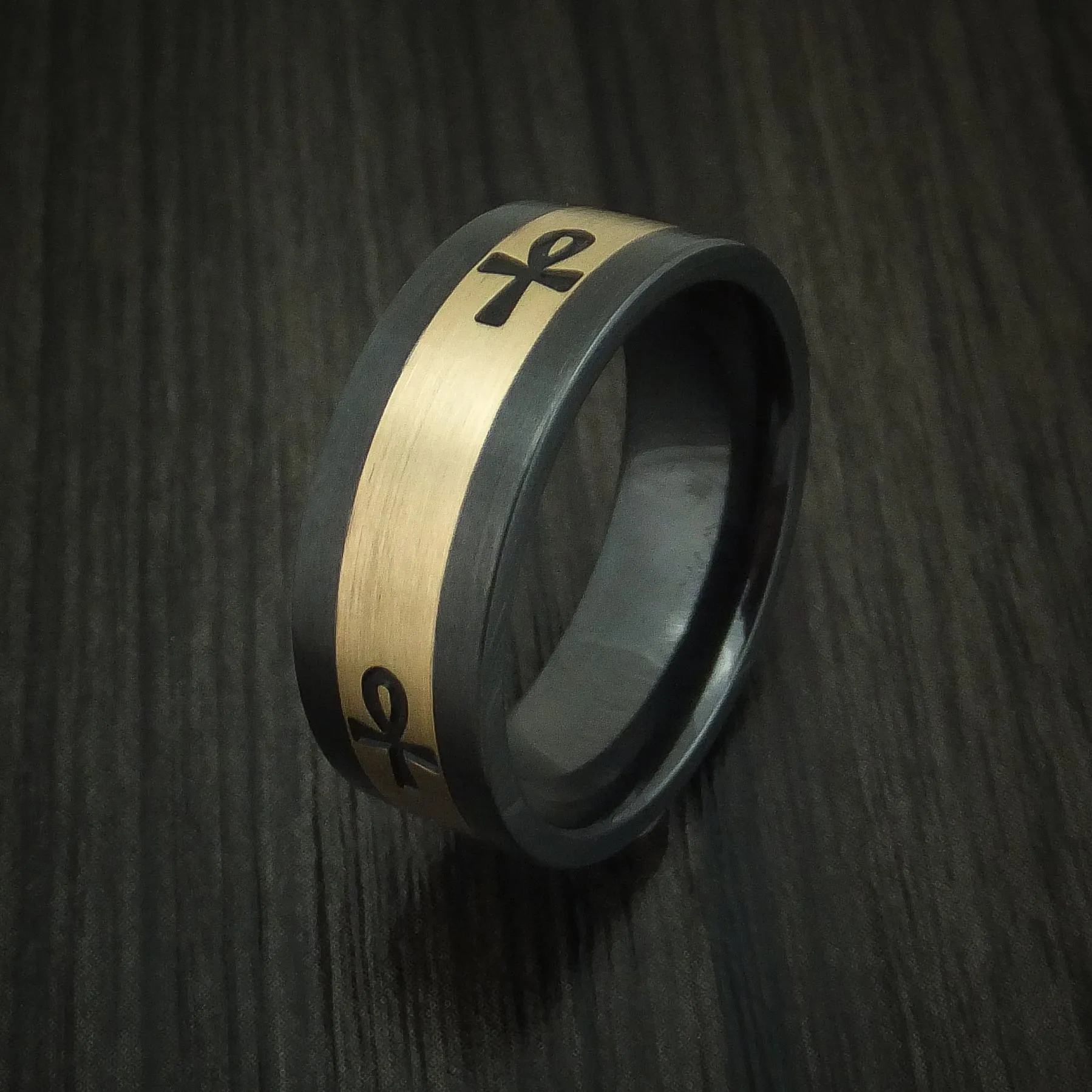 Black Zirconium and 14K Yellow Gold with Egyptian Ankh Custom Made Men's Ring