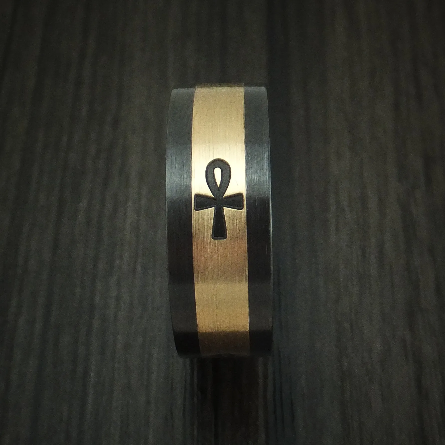 Black Zirconium and 14K Yellow Gold with Egyptian Ankh Custom Made Men's Ring
