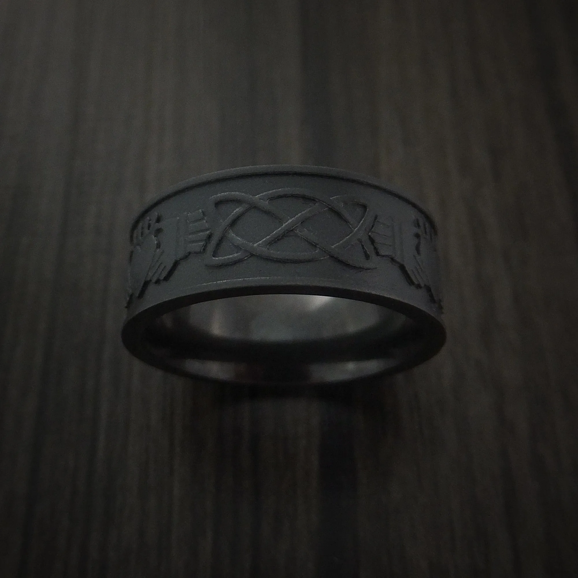 Black Zirconium Celtic Irish Claddagh Men's Ring Hands Clasping Heart Band Carved