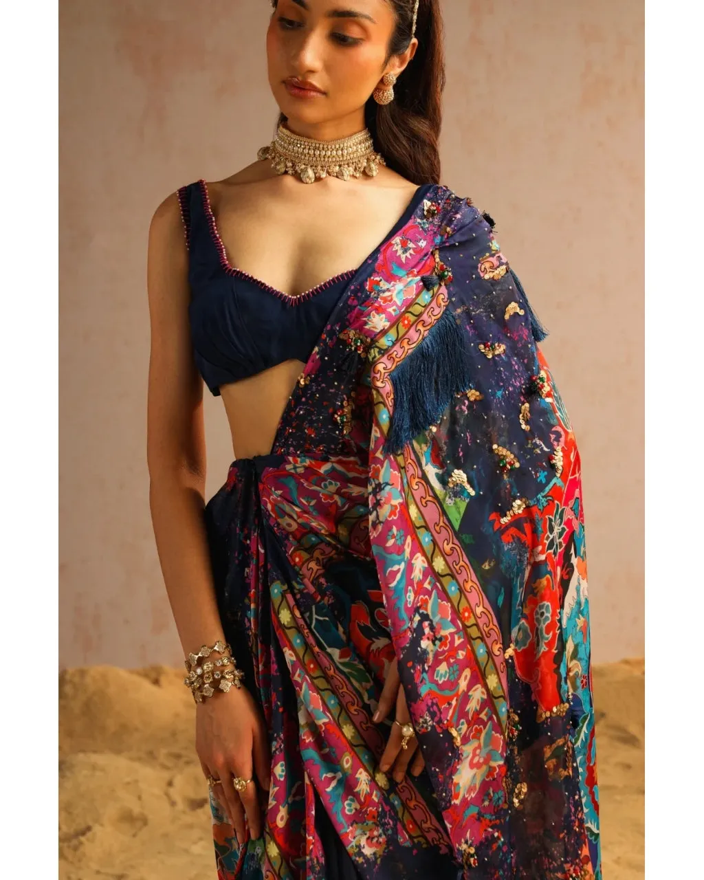 Blue Draped Sari Set