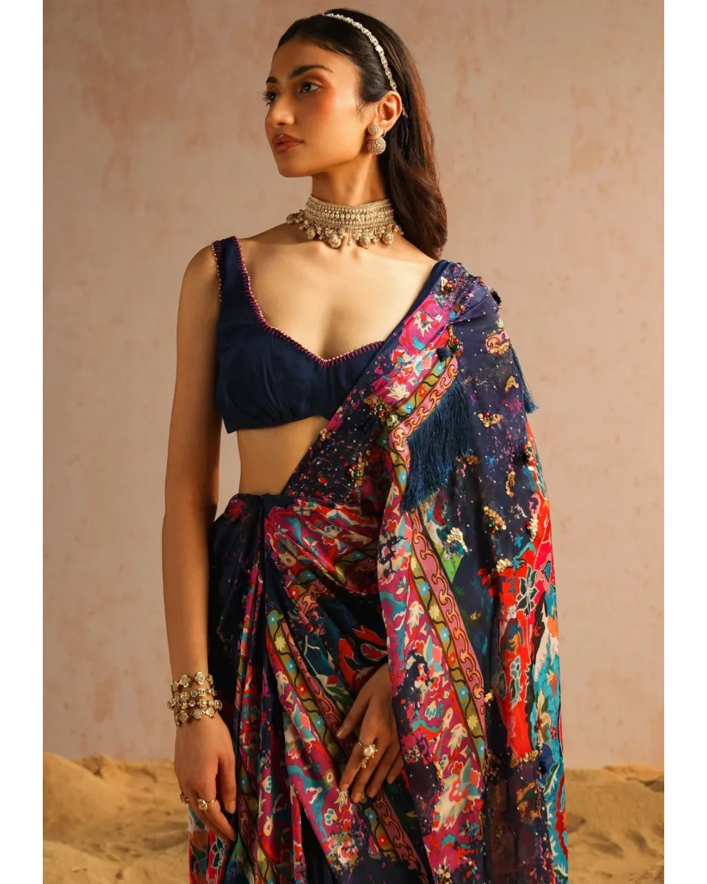 Blue Draped Sari Set