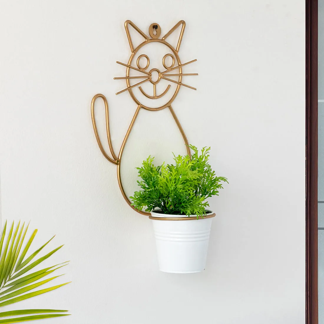 'Cat' Wall Planter Pot In Galvanized Iron (13 Inch, Brass Finish)