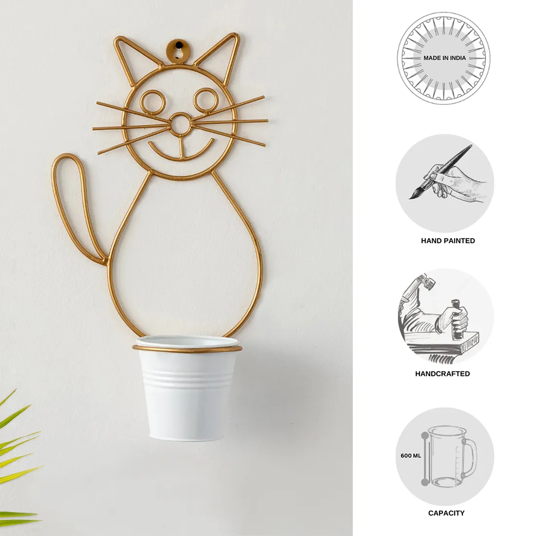 'Cat' Wall Planter Pot In Galvanized Iron (13 Inch, Brass Finish)