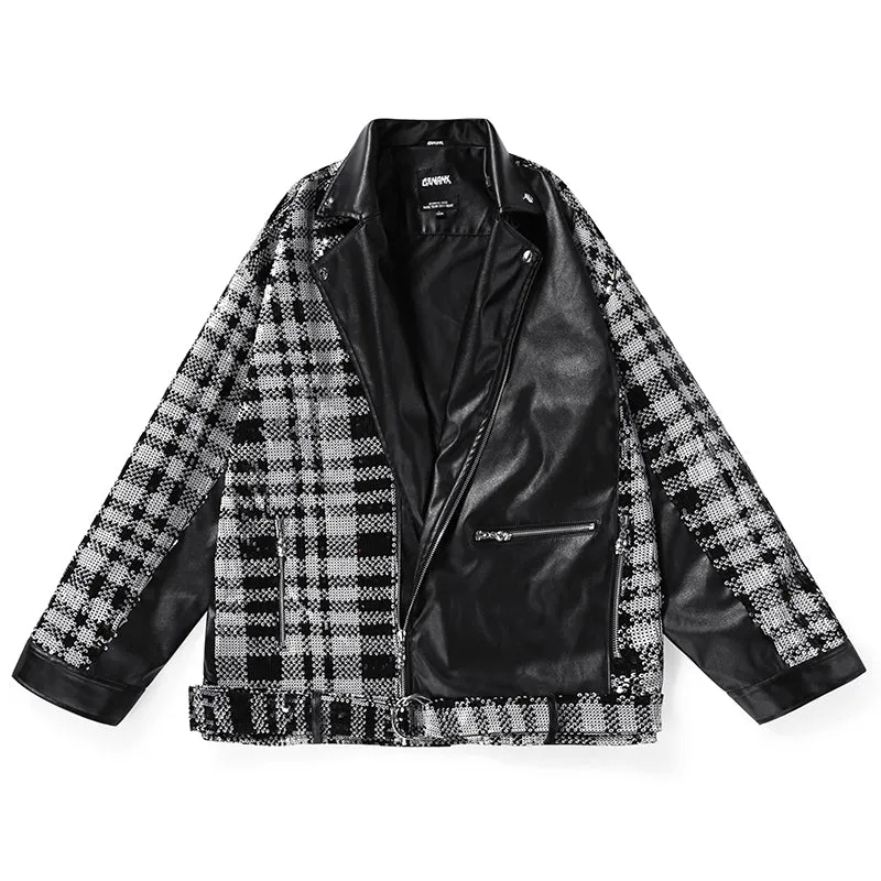 Color Block Plaid Paint Printed Leather Diagonal Zip Jacket