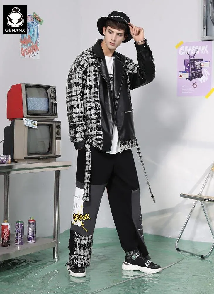 Color Block Plaid Paint Printed Leather Diagonal Zip Jacket