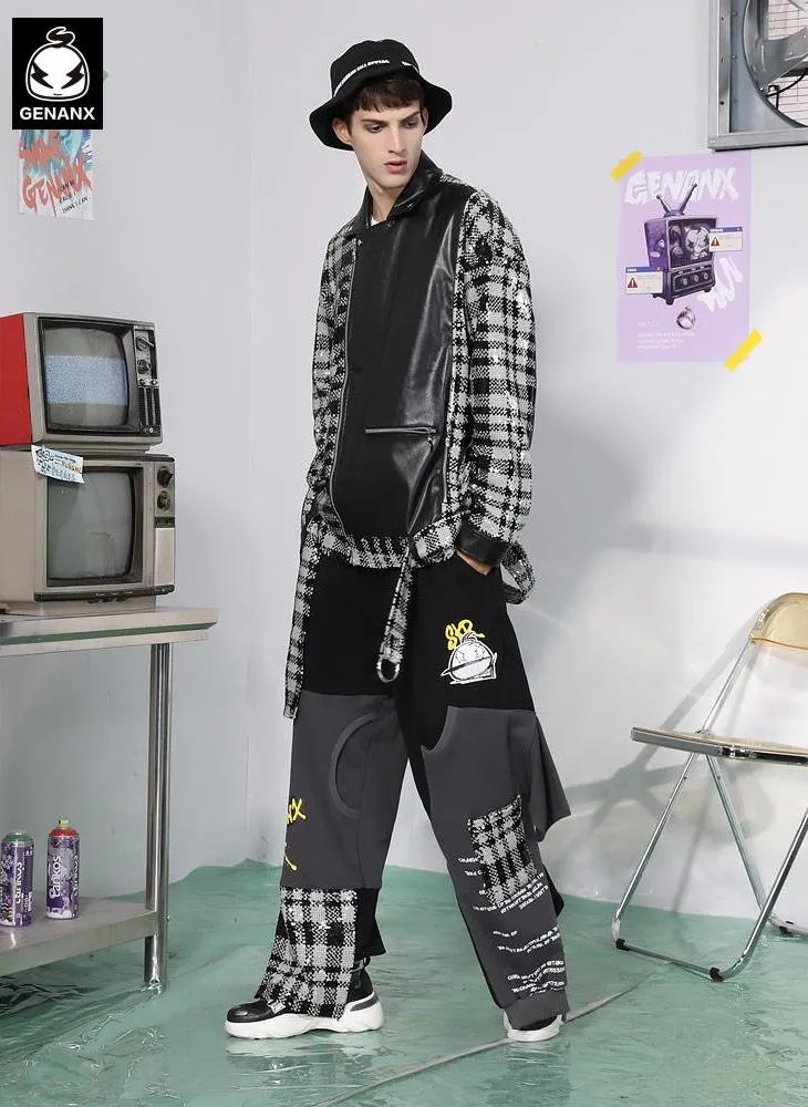 Color Block Plaid Paint Printed Leather Diagonal Zip Jacket