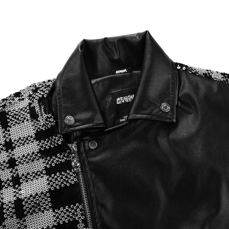 Color Block Plaid Paint Printed Leather Diagonal Zip Jacket
