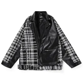 Color Block Plaid Paint Printed Leather Diagonal Zip Jacket