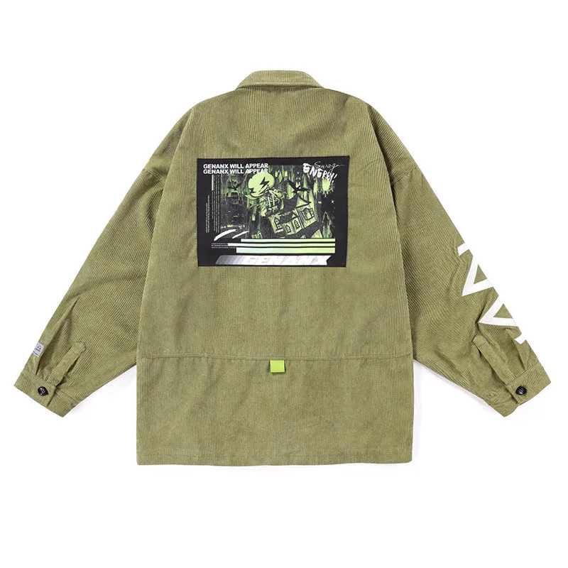 Comic And Letter Printed Applique Corduroy Lapel Jacket