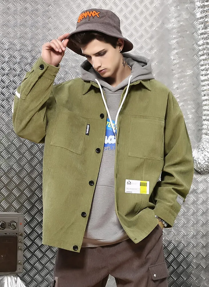 Comic And Letter Printed Applique Corduroy Lapel Jacket