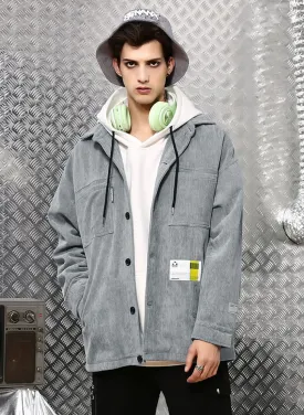 Comic And Letter Printed Applique Corduroy Lapel Jacket