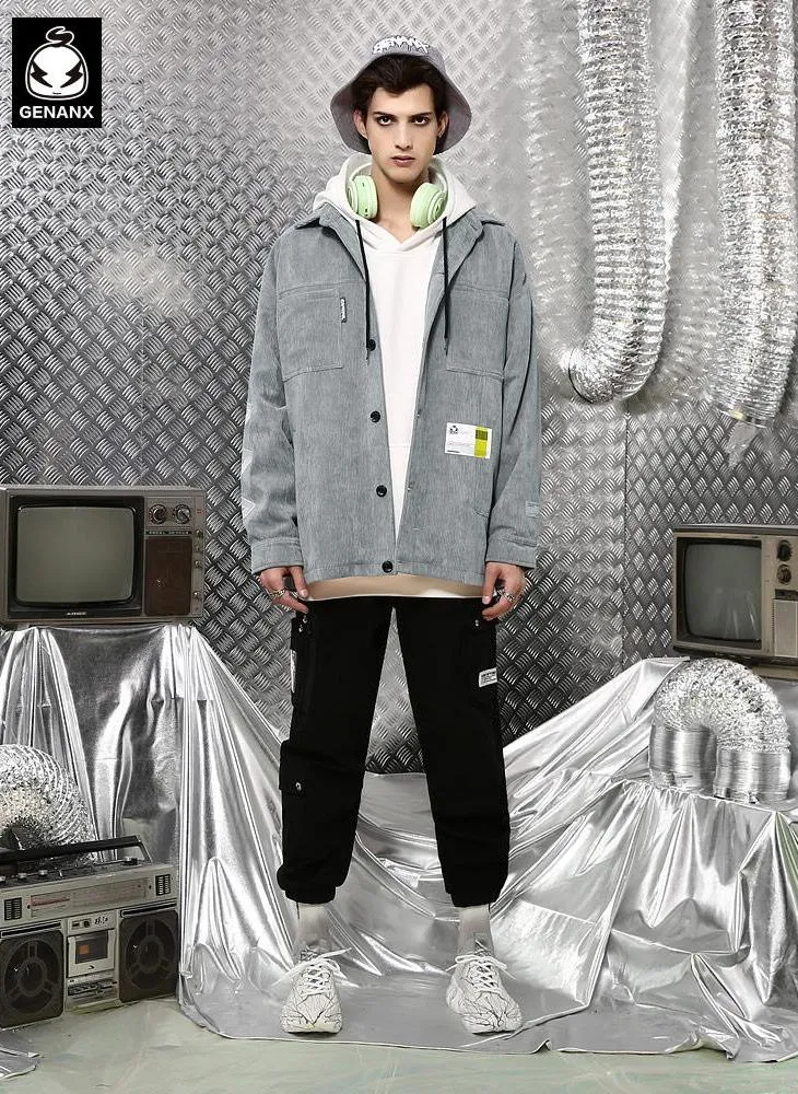 Comic And Letter Printed Applique Corduroy Lapel Jacket