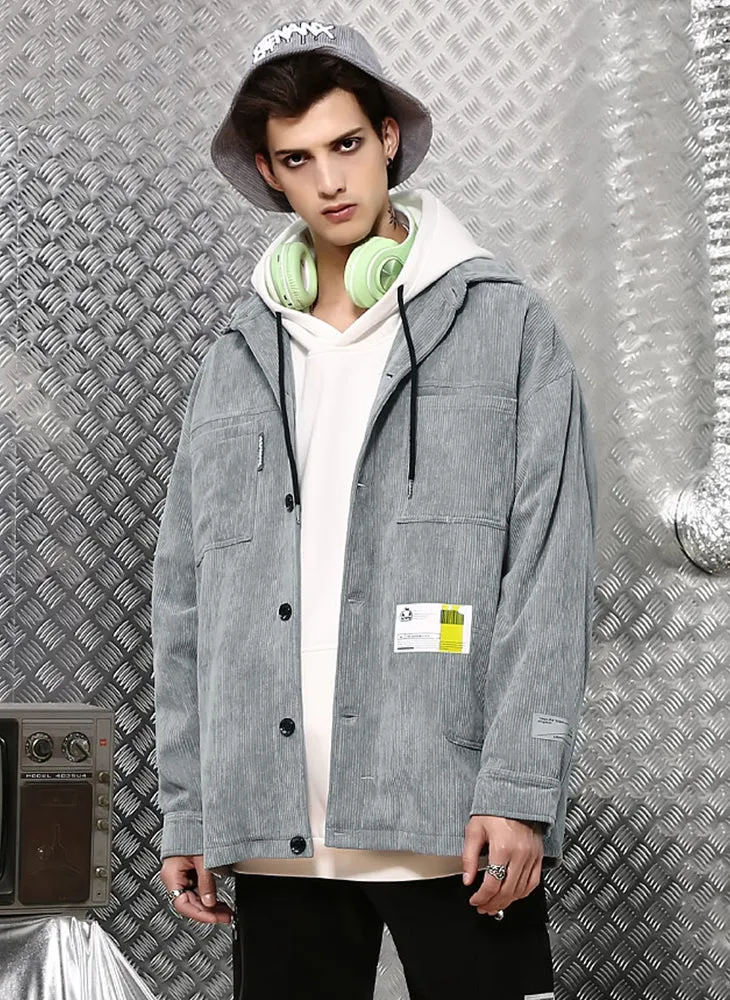 Comic And Letter Printed Applique Corduroy Lapel Jacket