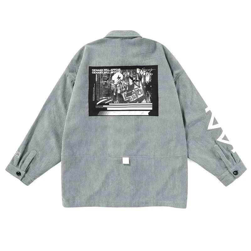 Comic And Letter Printed Applique Corduroy Lapel Jacket