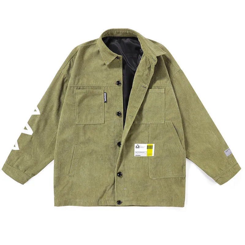 Comic And Letter Printed Applique Corduroy Lapel Jacket