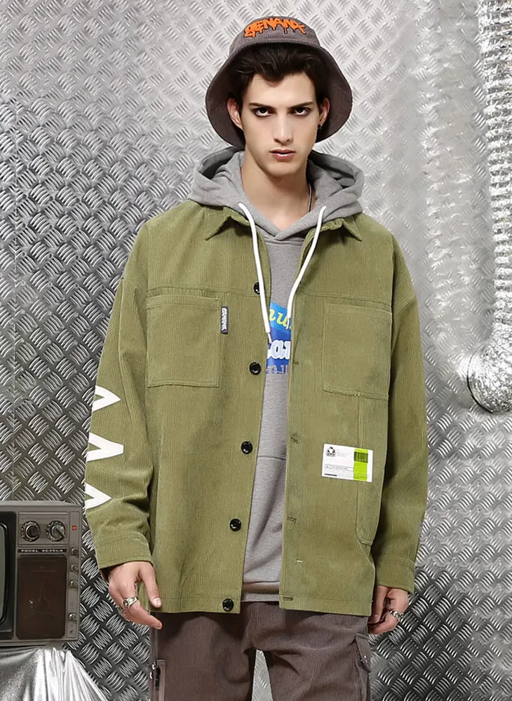 Comic And Letter Printed Applique Corduroy Lapel Jacket