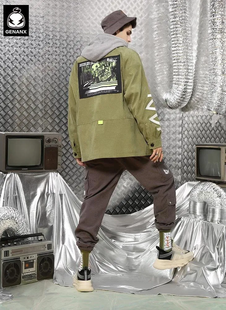 Comic And Letter Printed Applique Corduroy Lapel Jacket
