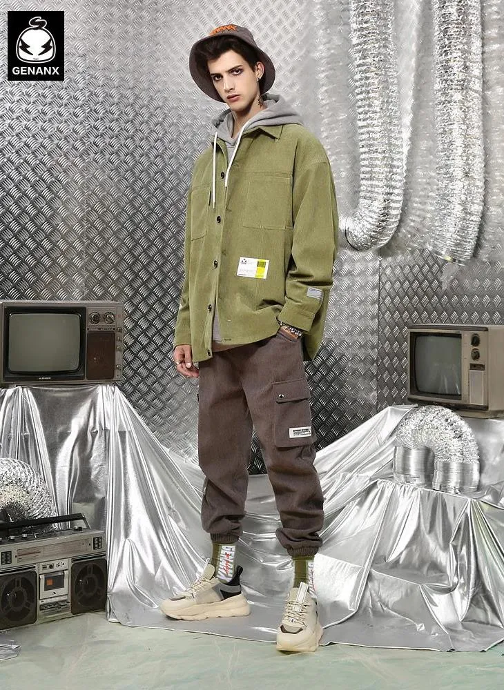 Comic And Letter Printed Applique Corduroy Lapel Jacket