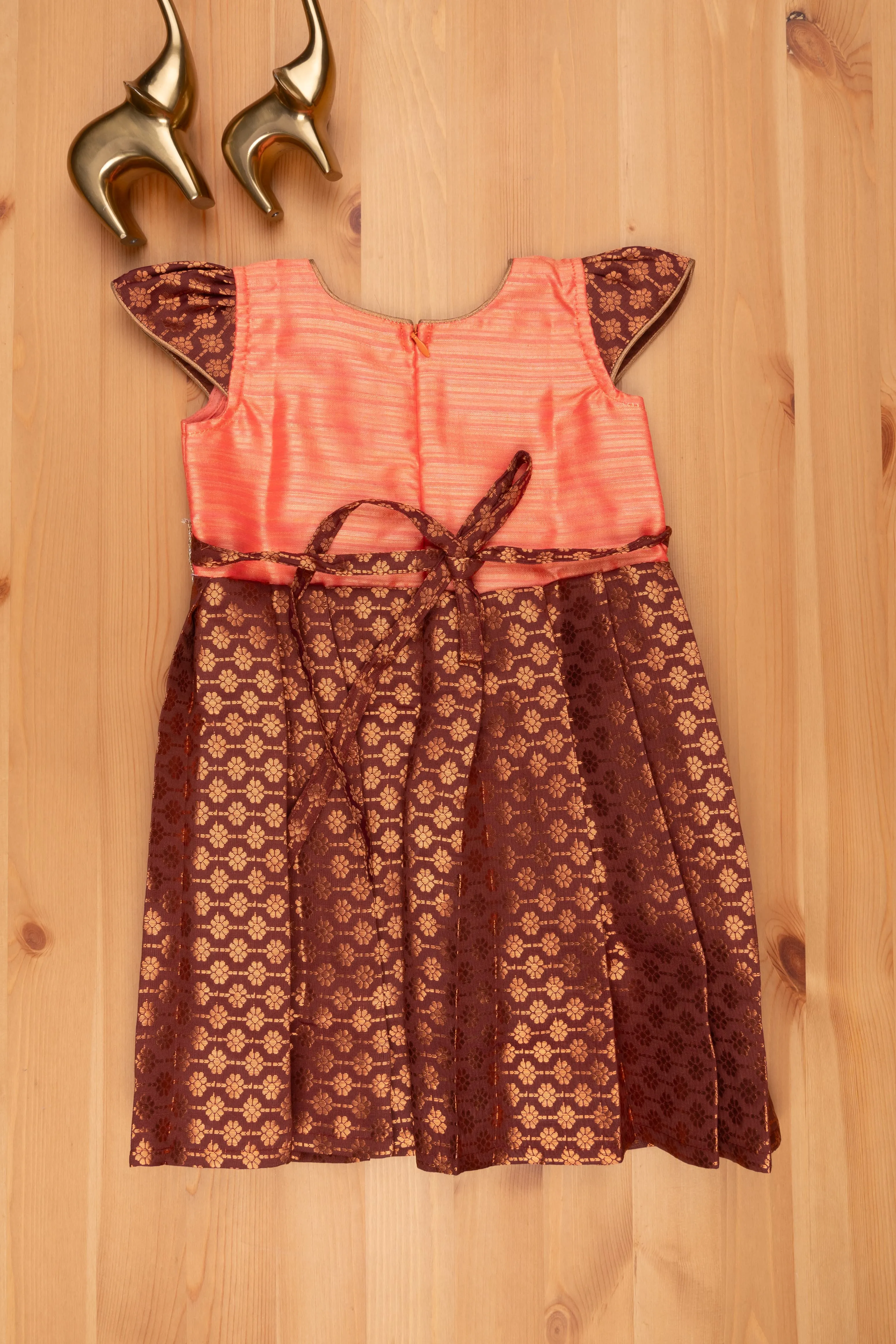 Elegant Brocade Designer Pattu Frock in Brown with Orange Colored Yoke