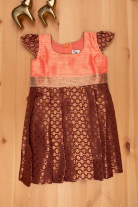 Elegant Brocade Designer Pattu Frock in Brown with Orange Colored Yoke